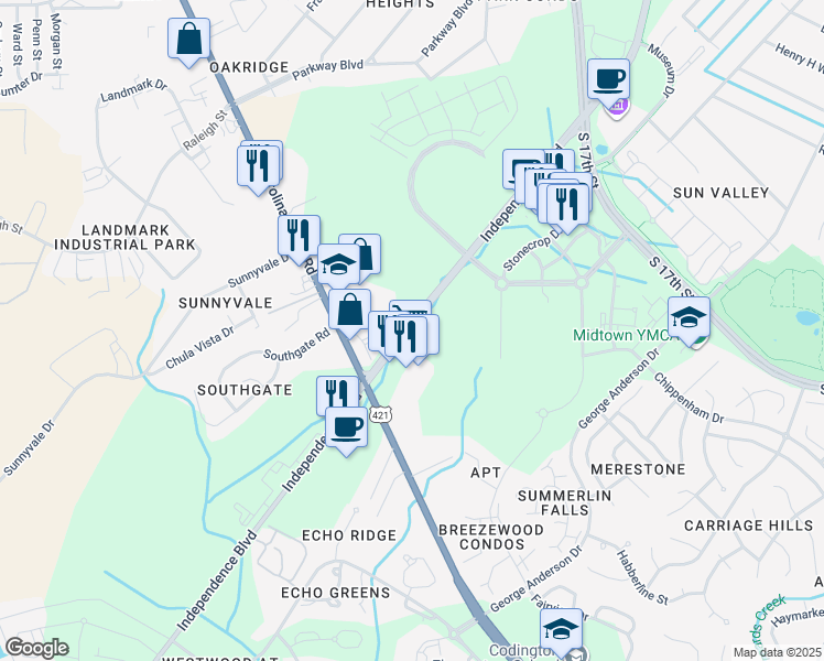 map of restaurants, bars, coffee shops, grocery stores, and more near 3804 Independence Boulevard in Wilmington