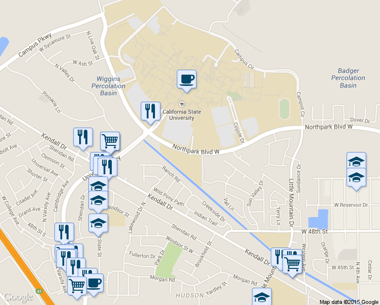 map of restaurants, bars, coffee shops, grocery stores, and more near 1670-1692 Northpark Boulevard West in San Bernardino