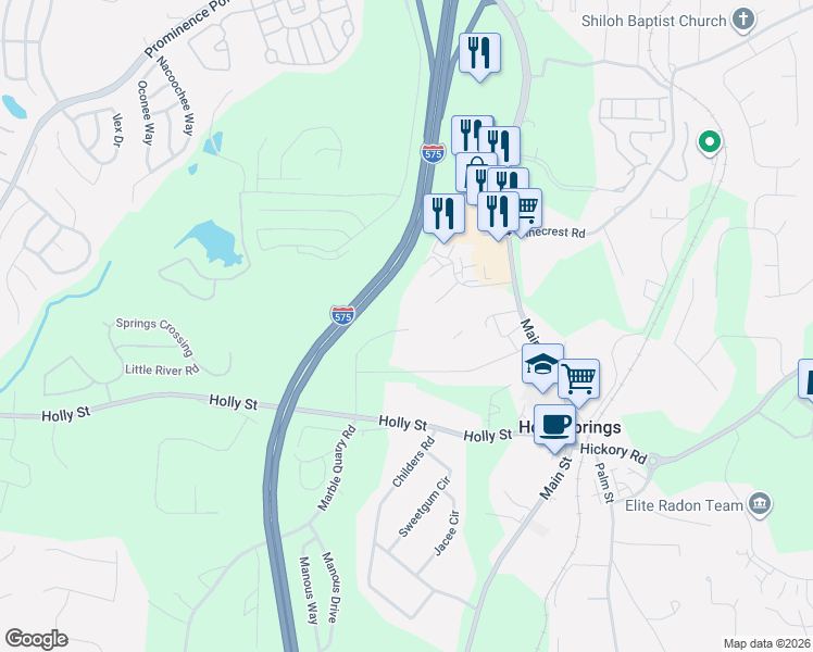 map of restaurants, bars, coffee shops, grocery stores, and more near 2230 Holly Lynn Court in Canton