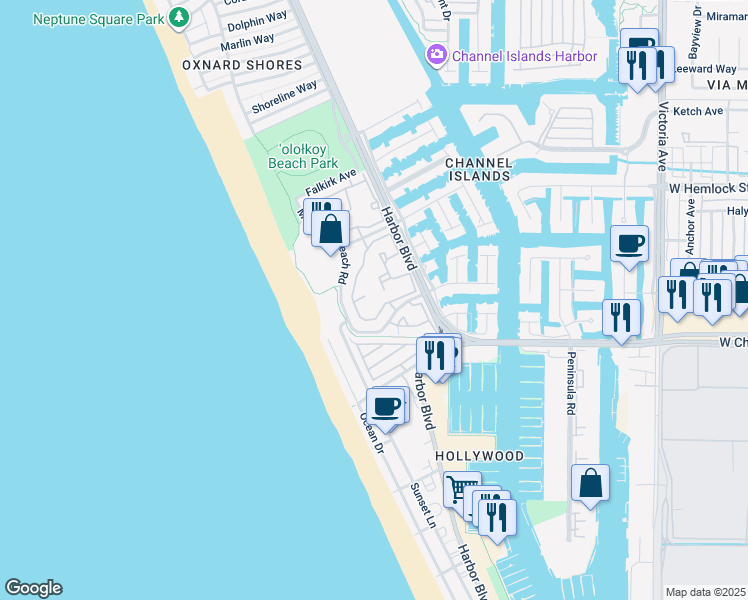 map of restaurants, bars, coffee shops, grocery stores, and more near 2234 Cannes Square in Oxnard