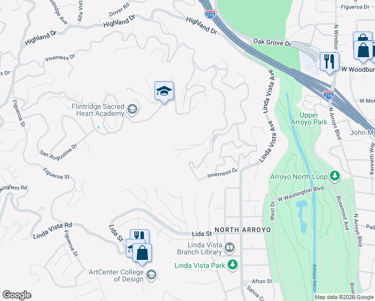 map of restaurants, bars, coffee shops, grocery stores, and more near 1382 Edgehill Place in Pasadena
