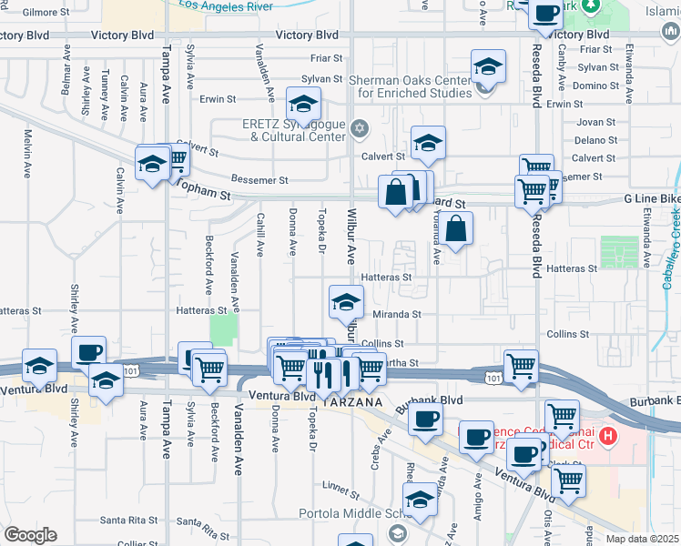 map of restaurants, bars, coffee shops, grocery stores, and more near 18911 Hatteras Street in Los Angeles