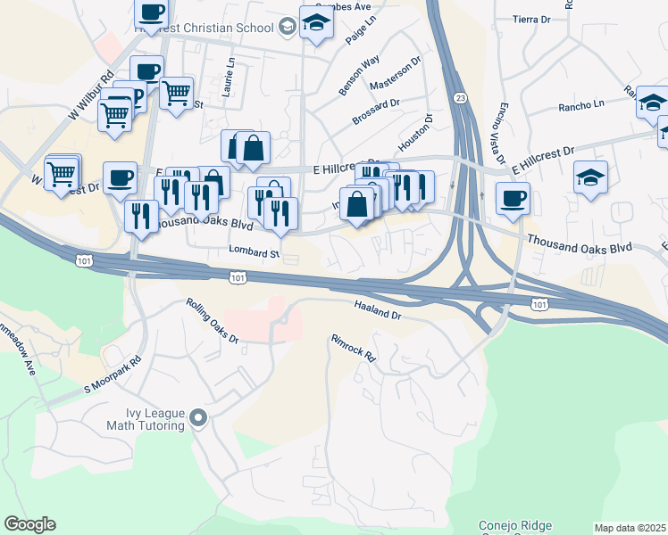 map of restaurants, bars, coffee shops, grocery stores, and more near 75 Long Court in Thousand Oaks