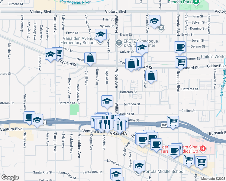 map of restaurants, bars, coffee shops, grocery stores, and more near 18911 Hatteras Street in Los Angeles