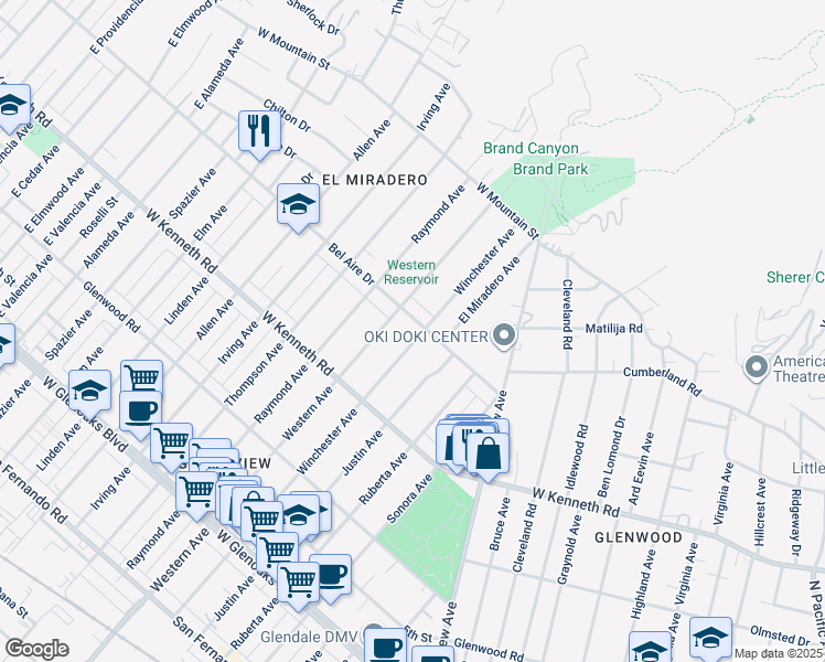 map of restaurants, bars, coffee shops, grocery stores, and more near 1366 Western Avenue in Glendale