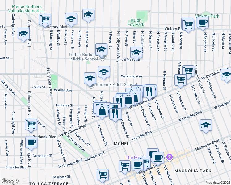 map of restaurants, bars, coffee shops, grocery stores, and more near 1600 North Pepper Street in Burbank