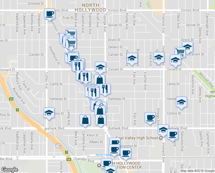 map of restaurants, bars, coffee shops, grocery stores, and more near 11354 Califa Street in Los Angeles