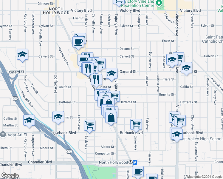 map of restaurants, bars, coffee shops, grocery stores, and more near 11432 Califa Street in Los Angeles