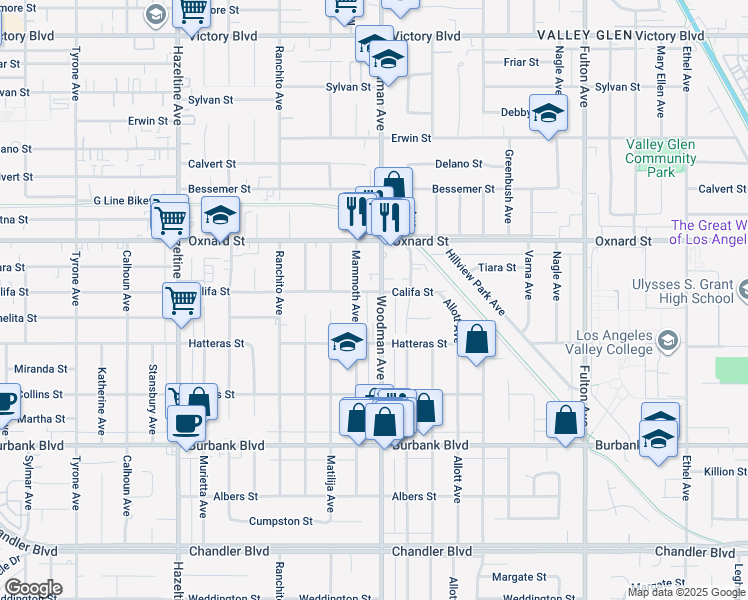 map of restaurants, bars, coffee shops, grocery stores, and more near 5860 Woodman Avenue in Los Angeles