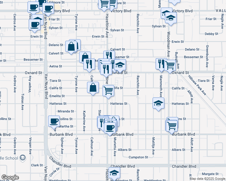 map of restaurants, bars, coffee shops, grocery stores, and more near 14018 Califa Street in Los Angeles