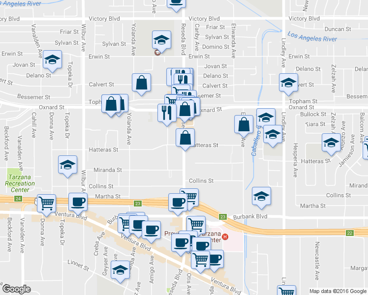 map of restaurants, bars, coffee shops, grocery stores, and more near 5900 Reseda Blvd in Tarzana