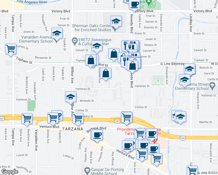 map of restaurants, bars, coffee shops, grocery stores, and more near 18601 Hatteras Street in Los Angeles