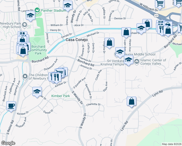 map of restaurants, bars, coffee shops, grocery stores, and more near 3068 Jessica Street in Thousand Oaks