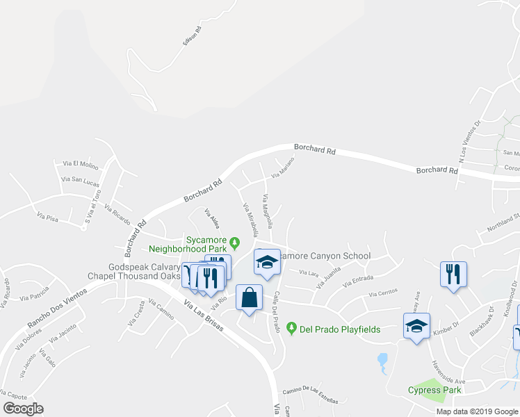 map of restaurants, bars, coffee shops, grocery stores, and more near 94 Via Mirabella in Thousand Oaks