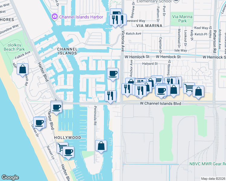 map of restaurants, bars, coffee shops, grocery stores, and more near 2401 Monaco Drive in Oxnard