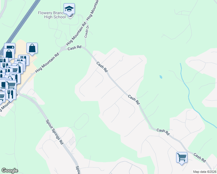 map of restaurants, bars, coffee shops, grocery stores, and more near 4672 Eucalyptus Way in Flowery Branch