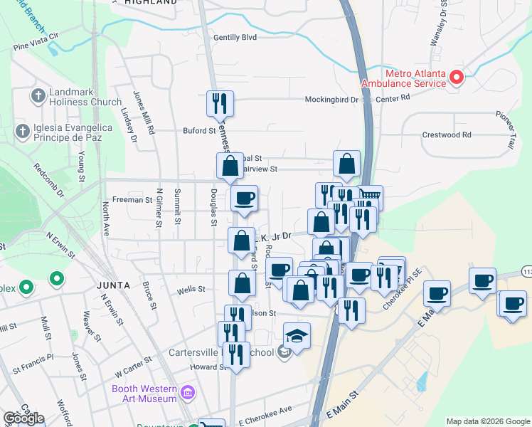 map of restaurants, bars, coffee shops, grocery stores, and more near 417 Mary Street in Cartersville