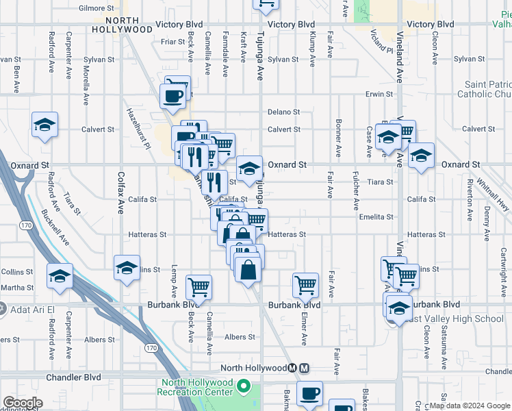 map of restaurants, bars, coffee shops, grocery stores, and more near 5855 Tujunga Avenue in Los Angeles