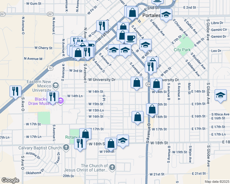 map of restaurants, bars, coffee shops, grocery stores, and more near 722 W 14th St in Portales