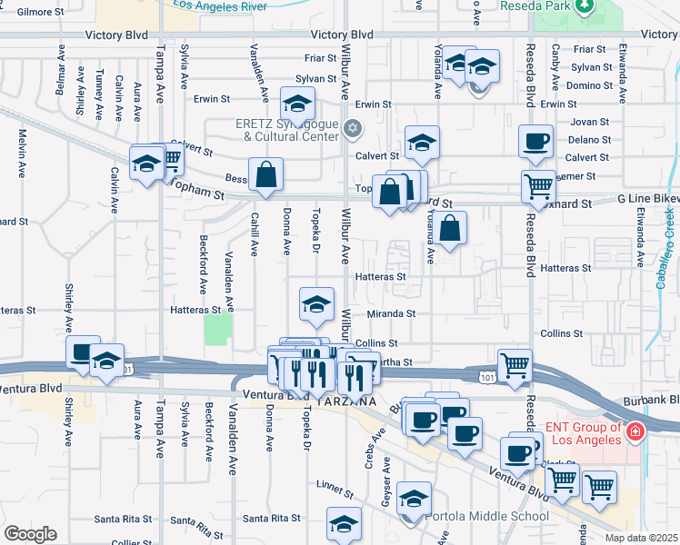 map of restaurants, bars, coffee shops, grocery stores, and more near 18903 Hatteras Street in Los Angeles
