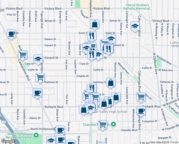 map of restaurants, bars, coffee shops, grocery stores, and more near 11016 Califa Street in Los Angeles