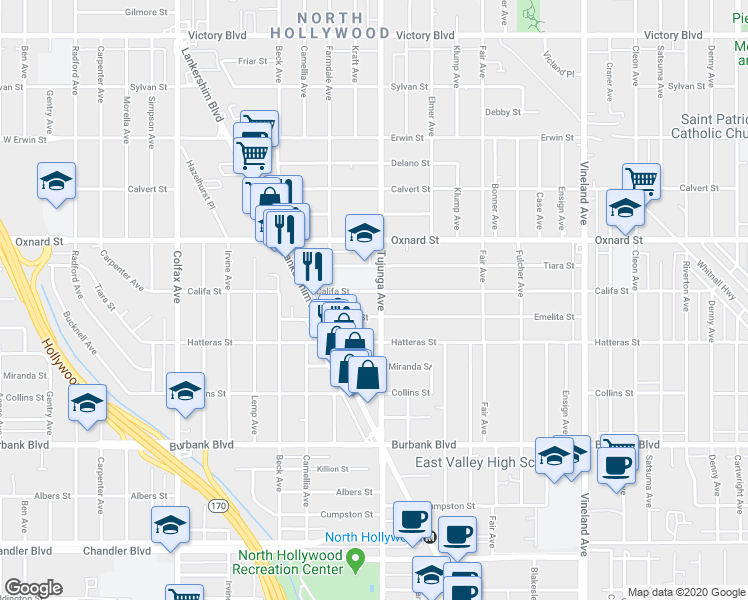 map of restaurants, bars, coffee shops, grocery stores, and more near 5855 Tujunga Avenue in Los Angeles