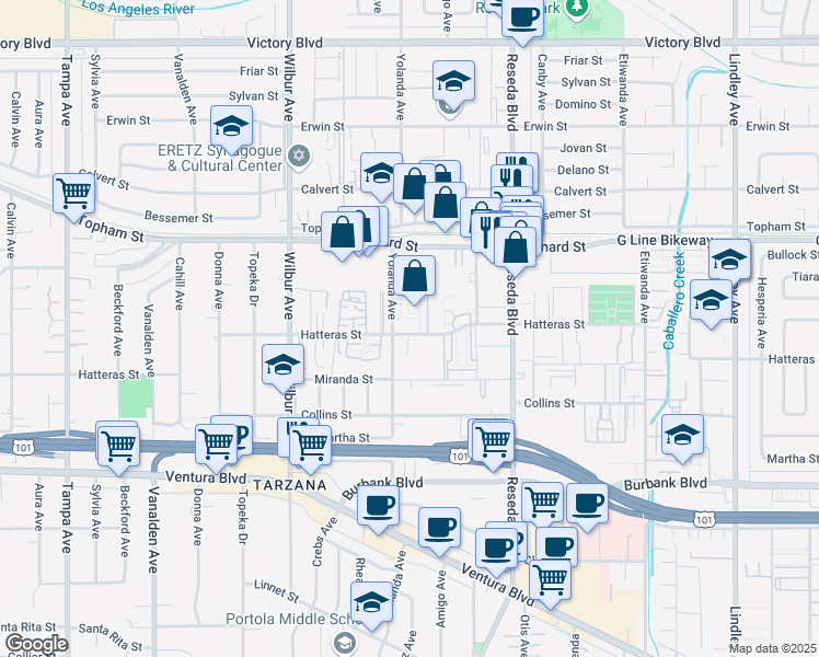 map of restaurants, bars, coffee shops, grocery stores, and more near 18645 Hatteras Street in Los Angeles