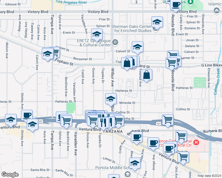 map of restaurants, bars, coffee shops, grocery stores, and more near 18903 Hatteras Street in Los Angeles