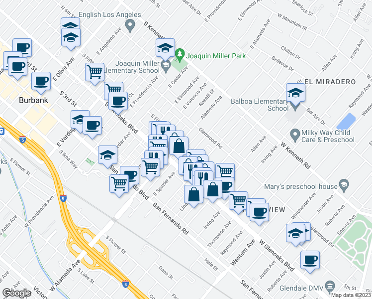 map of restaurants, bars, coffee shops, grocery stores, and more near 2040 5th Street in Glendale