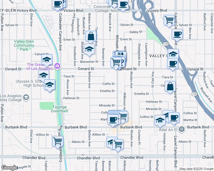 map of restaurants, bars, coffee shops, grocery stores, and more near 12544 Califa Street in Los Angeles