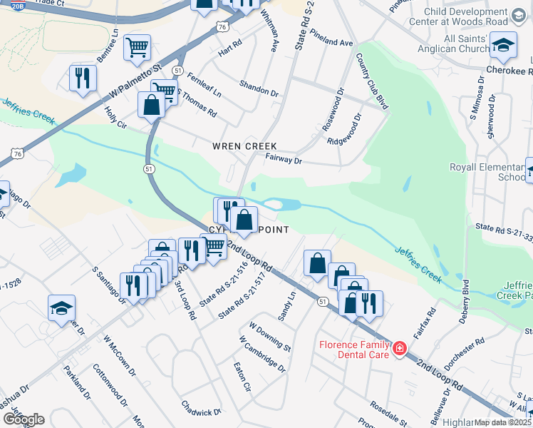 map of restaurants, bars, coffee shops, grocery stores, and more near 700 13-H South Cashua Drive in Florence