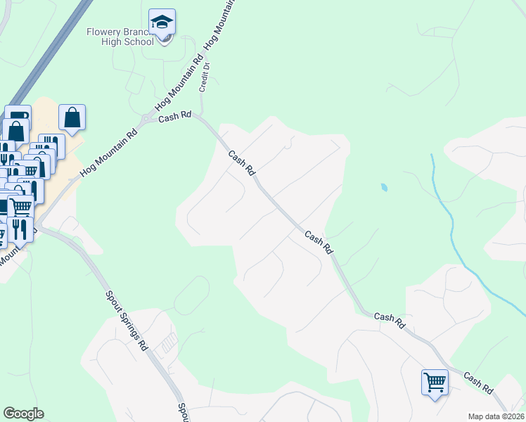 map of restaurants, bars, coffee shops, grocery stores, and more near 4668 Eucalyptus Way in Flowery Branch