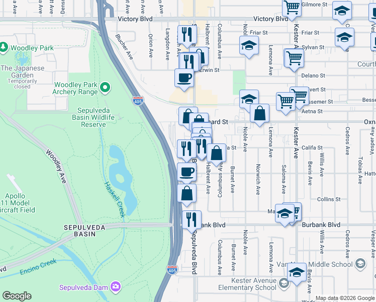 map of restaurants, bars, coffee shops, grocery stores, and more near 5845 Sepulveda Blvd in Los Angeles