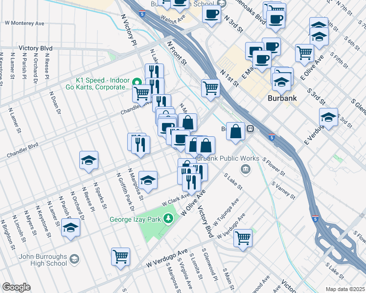map of restaurants, bars, coffee shops, grocery stores, and more near 164 West Magnolia Boulevard in Burbank