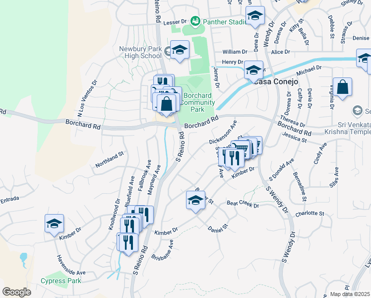 map of restaurants, bars, coffee shops, grocery stores, and more near 73 Edgar Court in Thousand Oaks