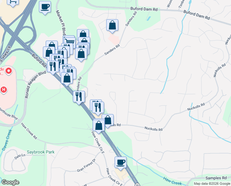 map of restaurants, bars, coffee shops, grocery stores, and more near 2861 Middle Creek Way in Cumming