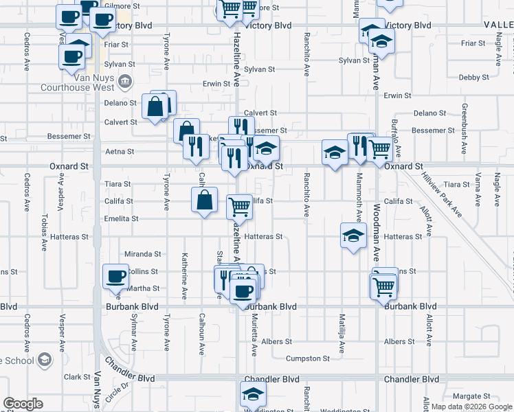 map of restaurants, bars, coffee shops, grocery stores, and more near 14024 Califa Street in Los Angeles