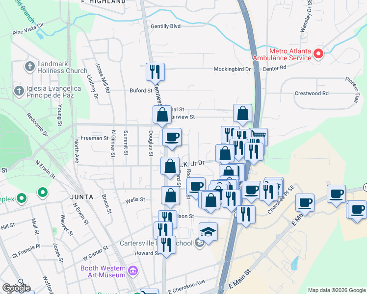 map of restaurants, bars, coffee shops, grocery stores, and more near 417 Mary Street in Cartersville