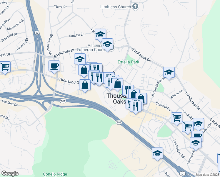 map of restaurants, bars, coffee shops, grocery stores, and more near 1803 Thousand Oaks Boulevard in Thousand Oaks