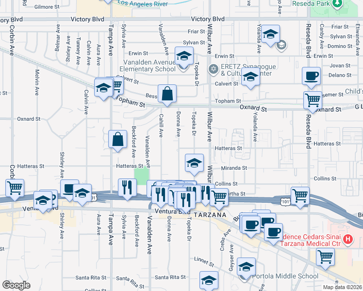 map of restaurants, bars, coffee shops, grocery stores, and more near 5902 Donna Avenue in Los Angeles