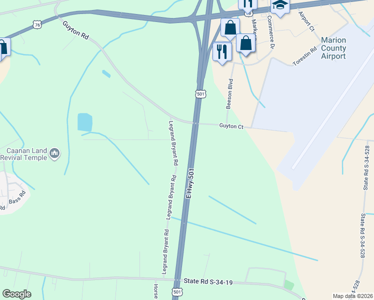 map of restaurants, bars, coffee shops, grocery stores, and more near 2635 Lee Grant Loop in Mullins