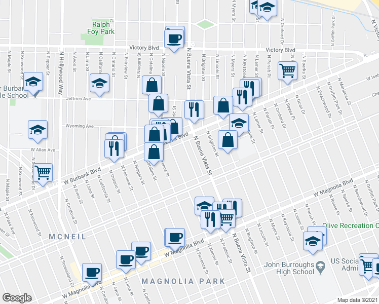 map of restaurants, bars, coffee shops, grocery stores, and more near 1116 North Frederic Street in Burbank