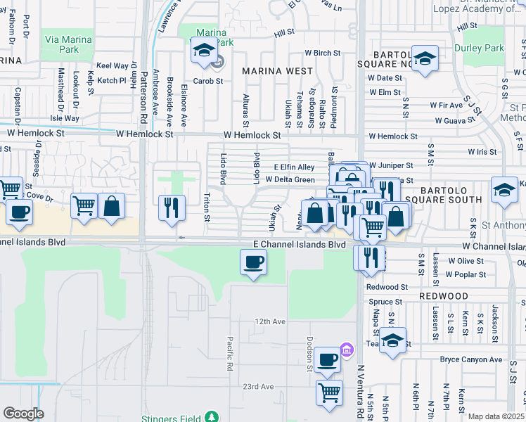 map of restaurants, bars, coffee shops, grocery stores, and more near 163 East Bowling Green in Port Hueneme