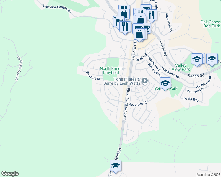 map of restaurants, bars, coffee shops, grocery stores, and more near 5688 Tanner Ridge Avenue in Westlake Village