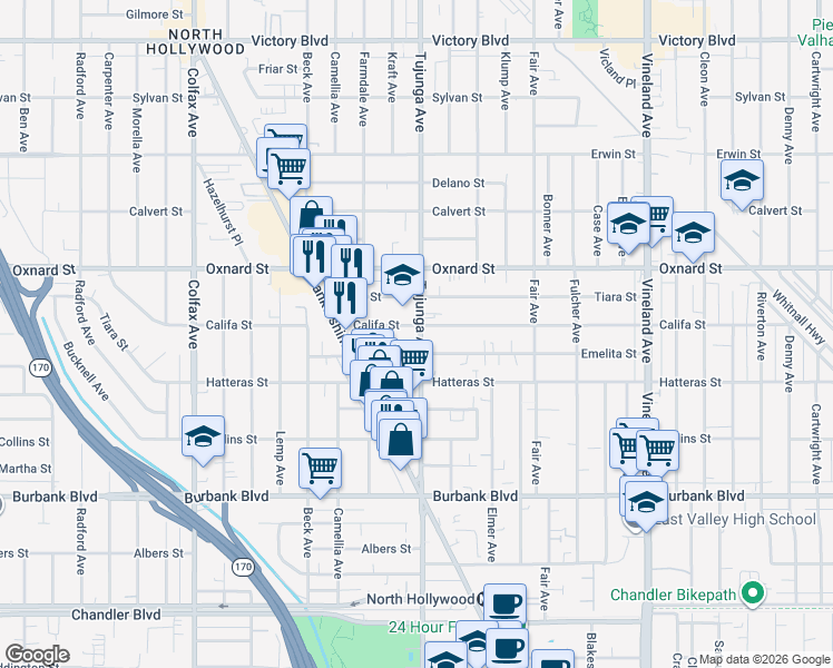 map of restaurants, bars, coffee shops, grocery stores, and more near 11354 Califa Street in Los Angeles