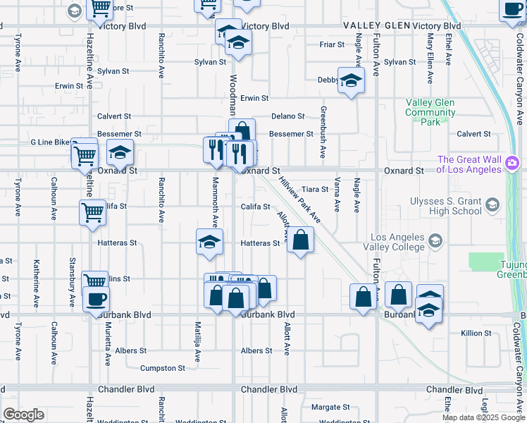 map of restaurants, bars, coffee shops, grocery stores, and more near 13612 Califa Street in Los Angeles