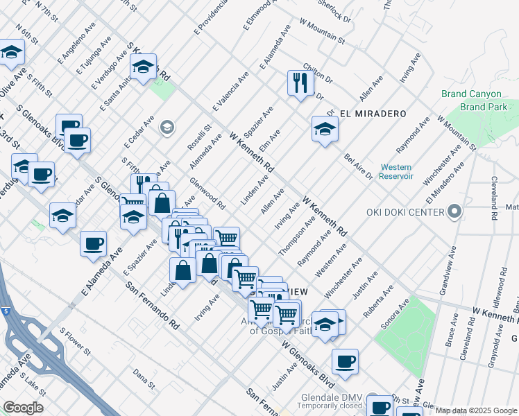 map of restaurants, bars, coffee shops, grocery stores, and more near 1231 Allen Avenue in Glendale
