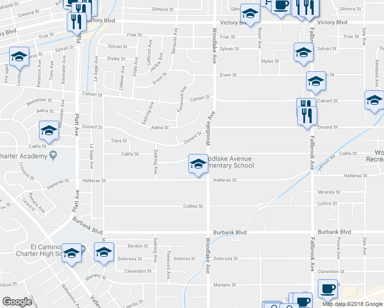 map of restaurants, bars, coffee shops, grocery stores, and more near 23229 Califa Street in Los Angeles