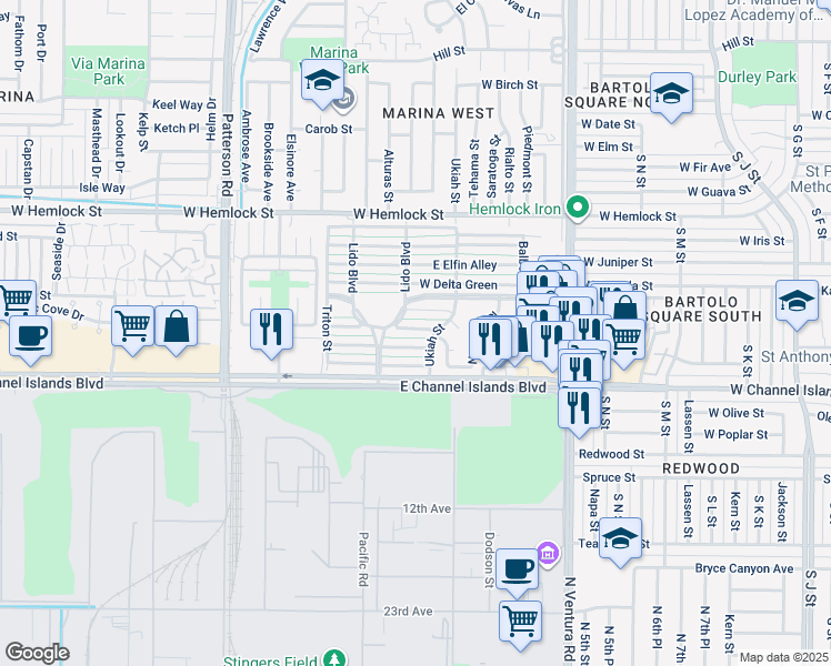 map of restaurants, bars, coffee shops, grocery stores, and more near 163 East Bowling Green in Port Hueneme