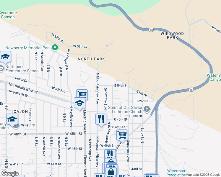 map of restaurants, bars, coffee shops, grocery stores, and more near 5394 North Sierra Road in San Bernardino